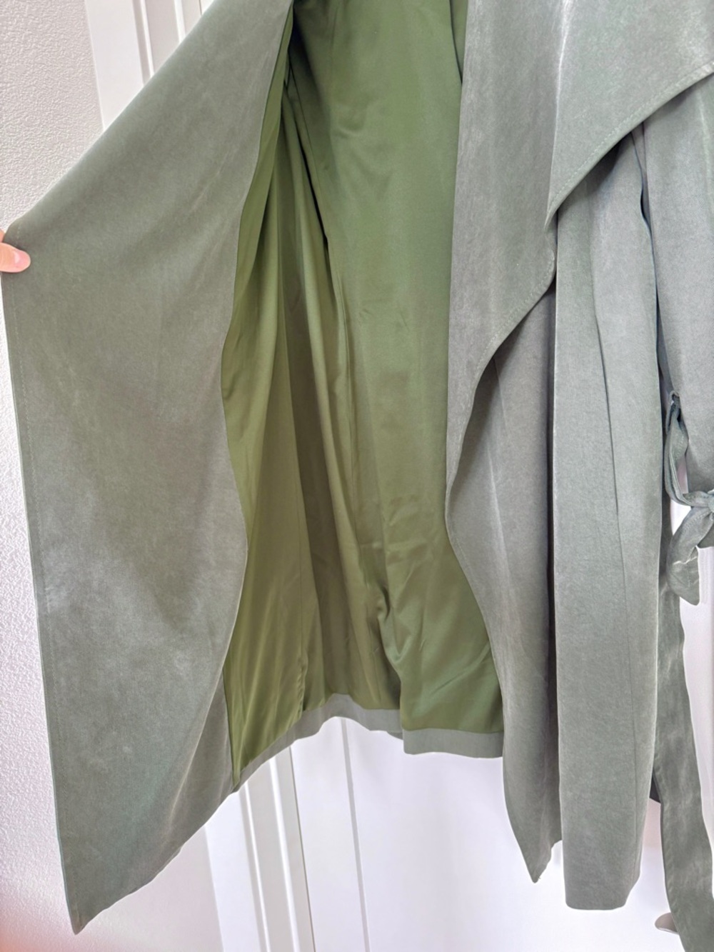 Club Monaco Olive Waterfall Trench Coat with Tie Sleeves - Picture 6 of 8